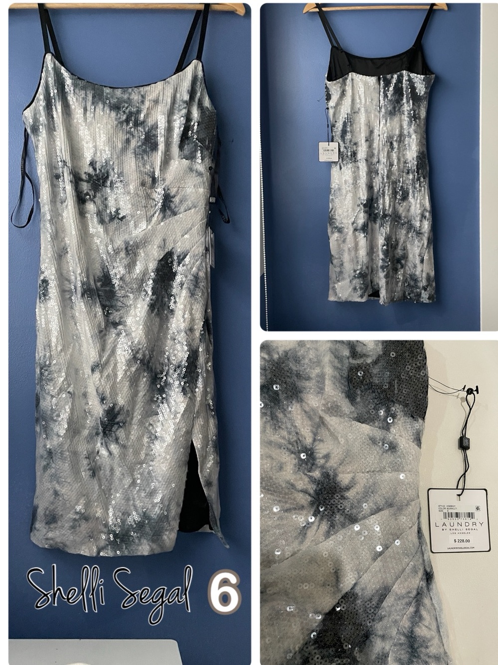 NWT Shelli Segal navy silver grey galaxy sequined Laundry fitted tulip-split 6